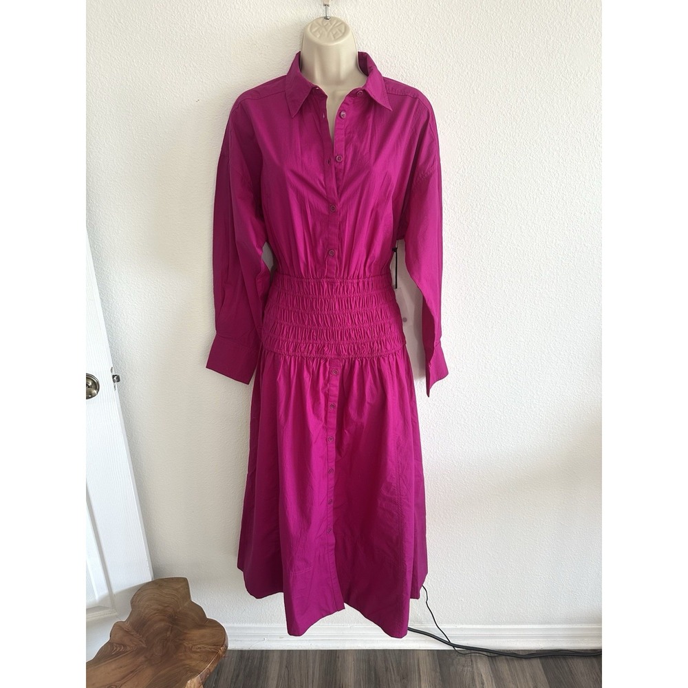 Apiece Apart Smocked Shirt Dress NWT Sz S Fuchsia Midi Cotton Poplin Collared - Picture 2 of 10